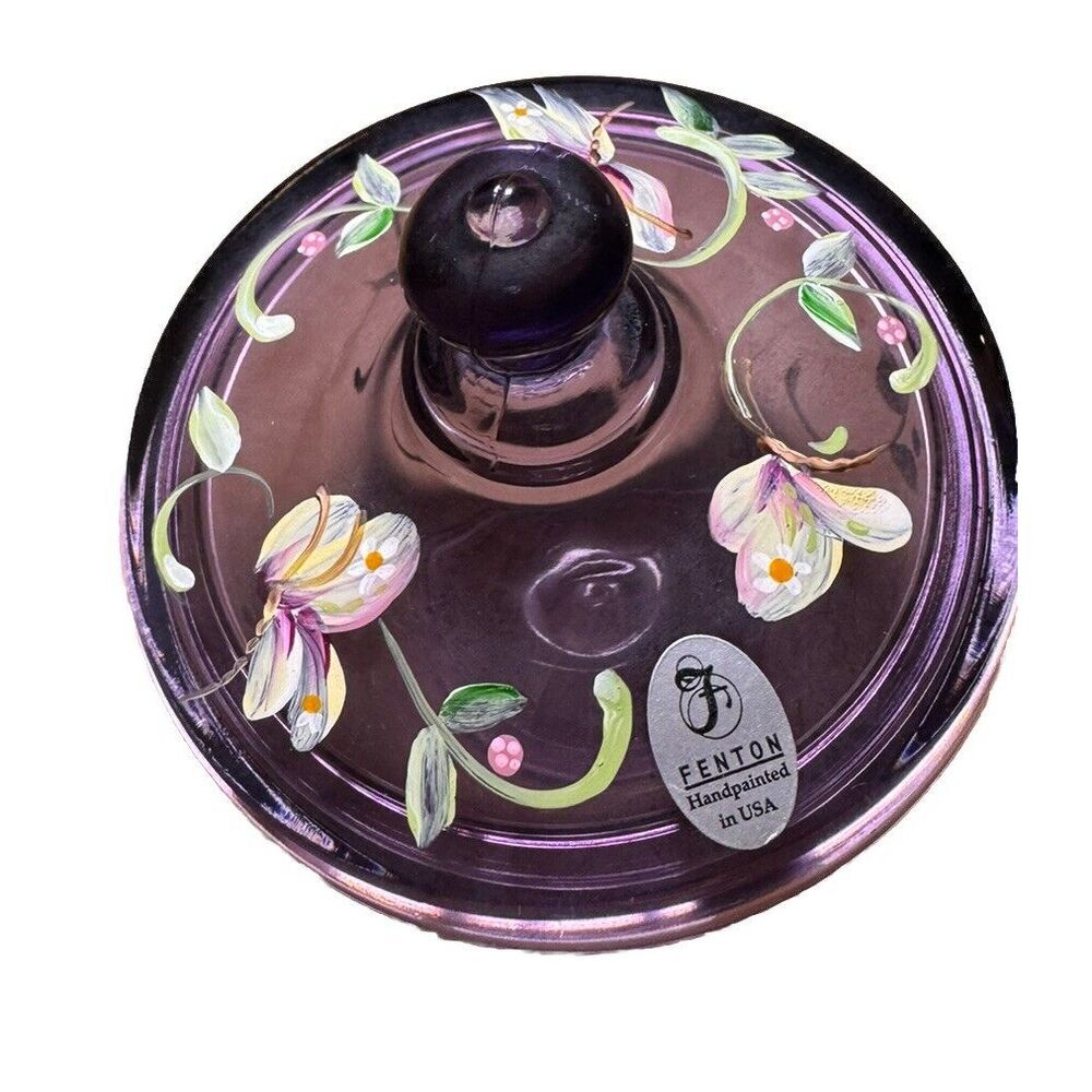 Fenton Amethyst Iridescent Hand Painted Floral Glass Lidded Candy Dish G Louise - Picture 2 of 7